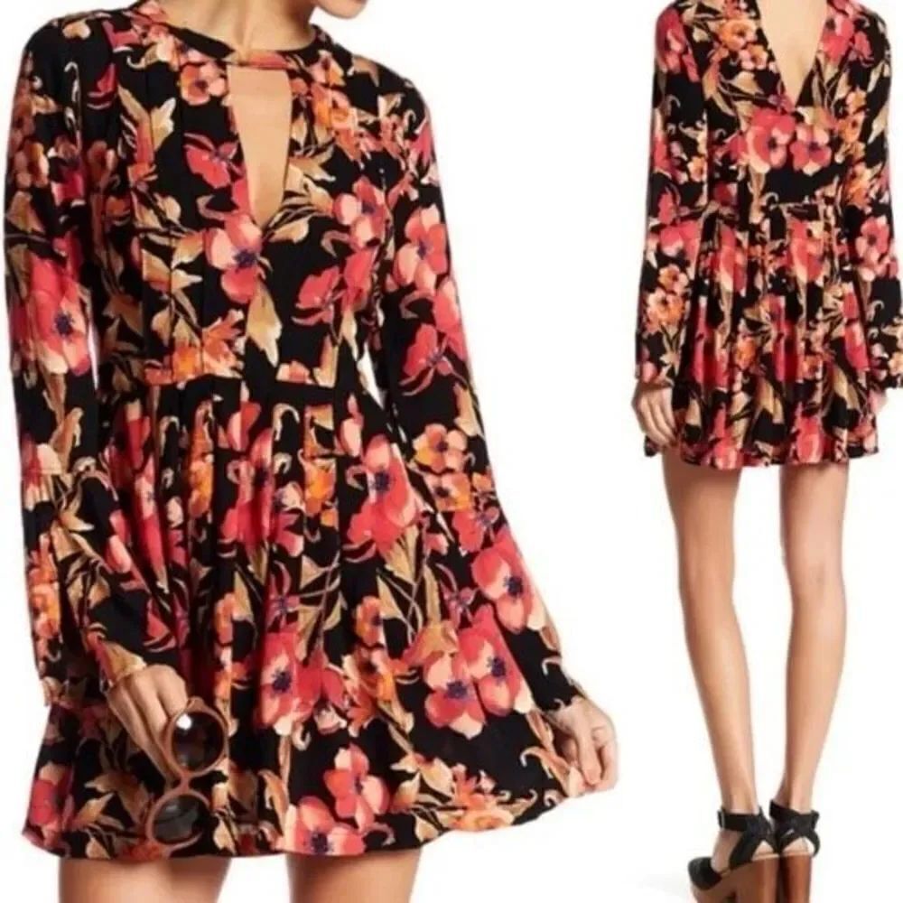 Free People Tegan Printed Long-Sleeve Mini Dress In Black Combo Size 4